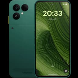 Fairphone 6 5G 256 GB Verde con pantalla 120 Hz, marco verde, módulo dual de cámaras grandes, botón lateral amarillo y frontal con biseles delgados