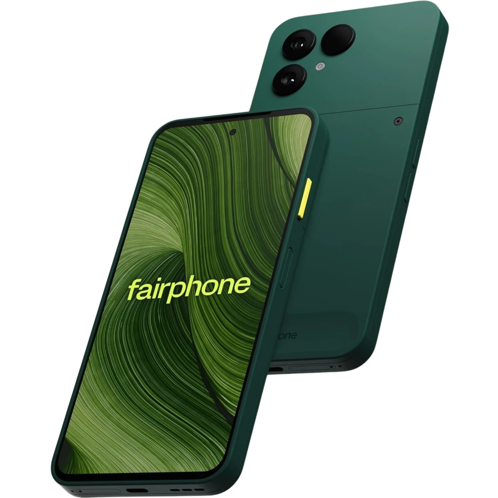 Fairphone 6 5G 256 Go Vert 8 Go 120 Hz avec dos vert mat, double module photo large, bouton latéral jaune, écran bord à bord perforé affichant 20:33 - Ítem2