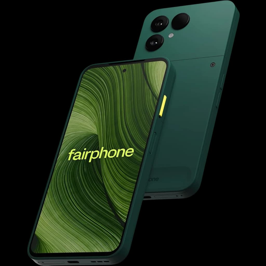 Fairphone 6 5G verde con pantalla 120 Hz de biseles finos, cámara dual trasera grande, frontal perforada centrada y botón lateral amarillo llamativo