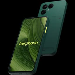Fairphone 6 5G verde con pantalla 120 Hz de biseles finos, cámara dual trasera grande, frontal perforada centrada y botón lateral amarillo llamativo