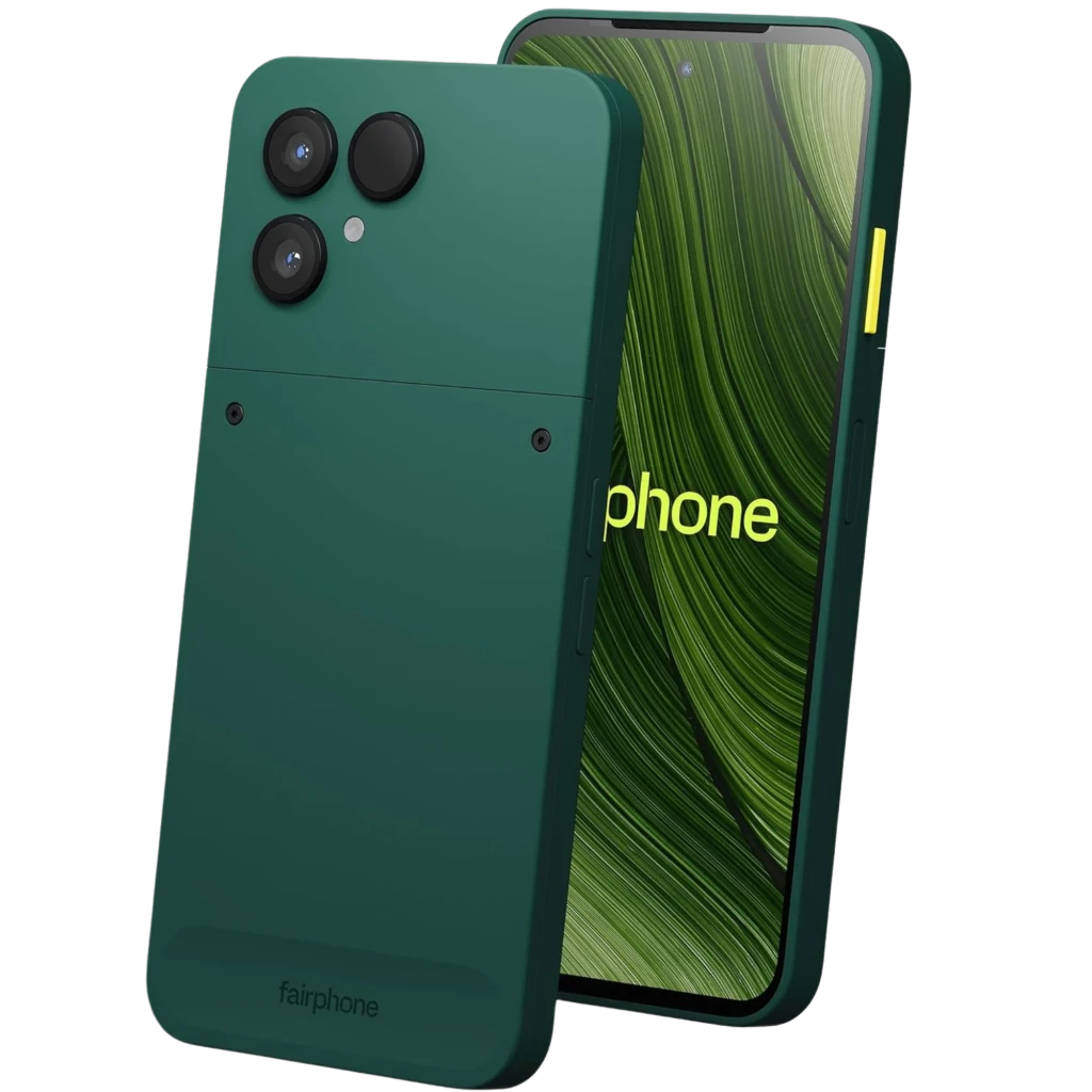 Fairphone 6 5G 256 Go Vert 8 Go 120 Hz avec dos vert mat, double module photo large, bouton latéral jaune, écran bord à bord perforé affichant 20:33 - Ítem1