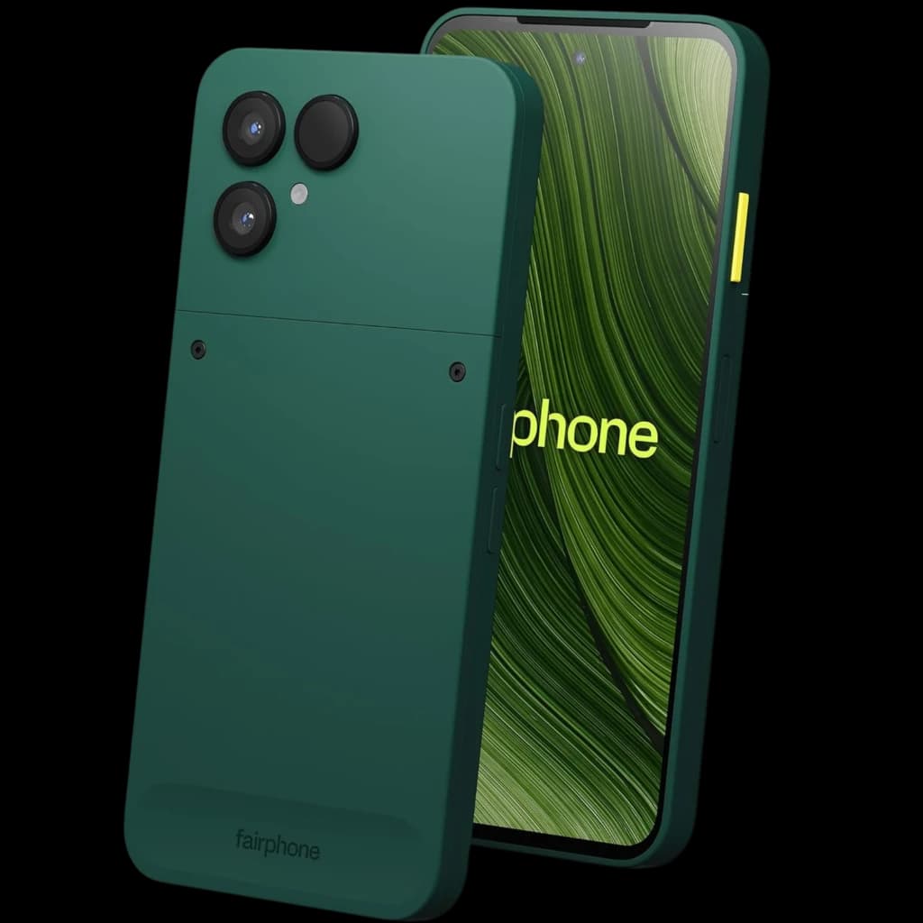 Fairphone 6 5G verde con carcasa modular, doble cámara trasera grande, pantalla 120 Hz con biseles finos y botón lateral amarillo, 256 GB y 8 GB RAM