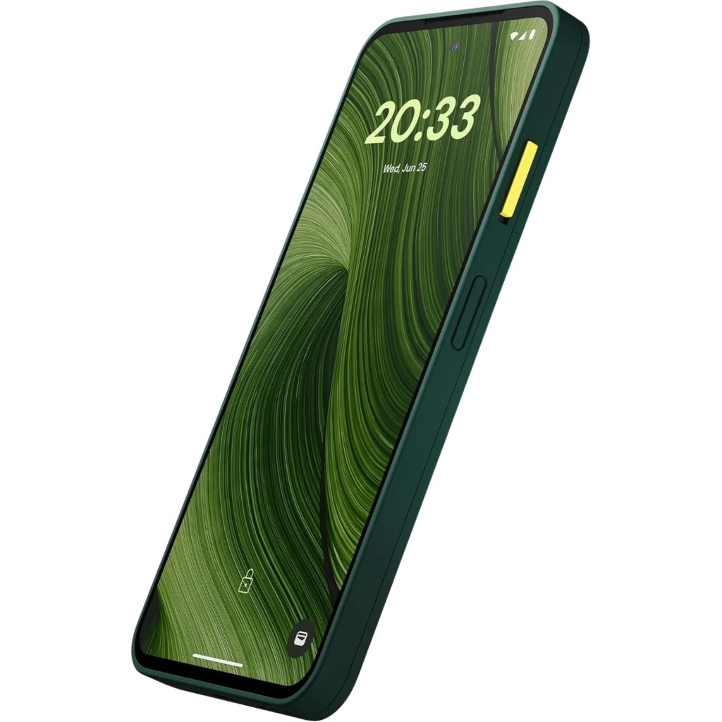 Fairphone 6 5G 256 Go Vert 8 Go 120 Hz avec dos vert mat, double module photo large, bouton latéral jaune, écran bord à bord perforé affichant 20:33 - Ítem3
