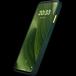 Fairphone 6 5G verde con pantalla 120 Hz, bordes robustos y botón lateral amarillo; diseño modular sostenible, 8 GB RAM y 256 GB de almacenamiento
