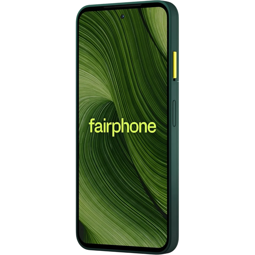 Fairphone 6 5G 256 Go Vert 8 Go 120 Hz avec dos vert mat, double module photo large, bouton latéral jaune, écran bord à bord perforé affichant 20:33 - Ítem4