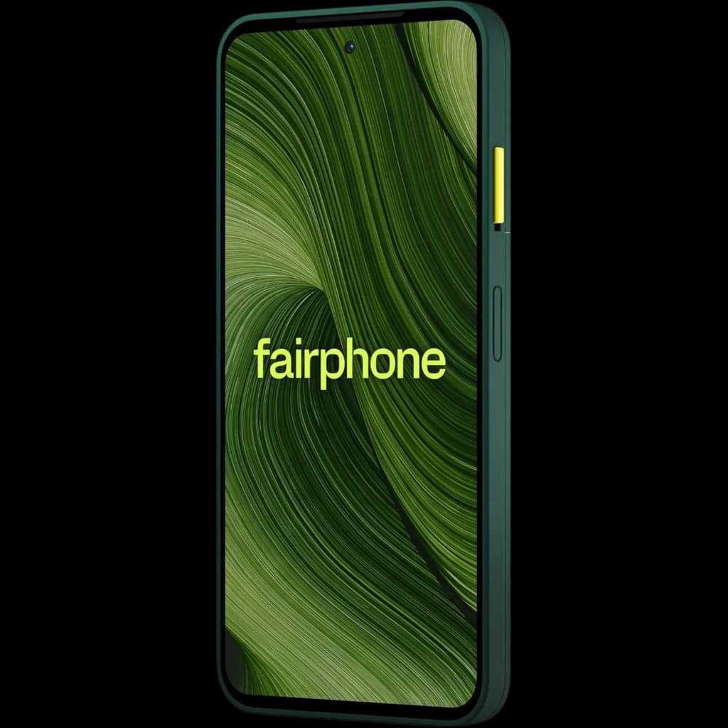 Smartphone Fairphone 6 5G verde con pantalla 120 Hz, borde robusto en tono oscuro, botón lateral amarillo y cámara frontal en orificio central