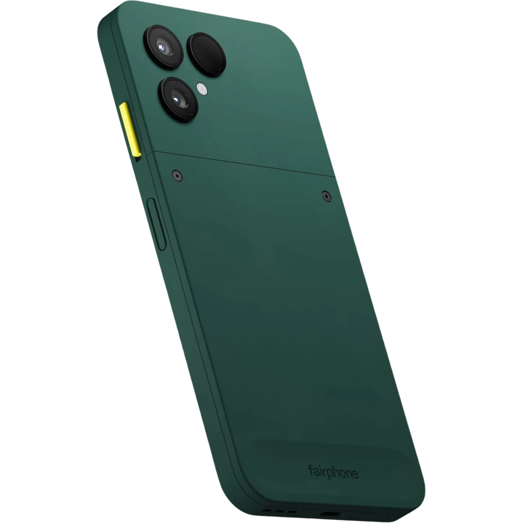 Fairphone 6 5G 256 Go Vert 8 Go 120 Hz avec dos vert mat, double module photo large, bouton latéral jaune, écran bord à bord perforé affichant 20:33 - Ítem5
