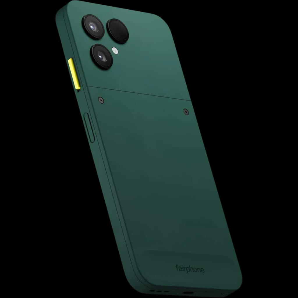 Fairphone 6 5G 256 GB Verde 8 GB 120 Hz con trasera verde mate, módulo inferior desmontable, doble cámara trasera grande y botón lateral amarillo