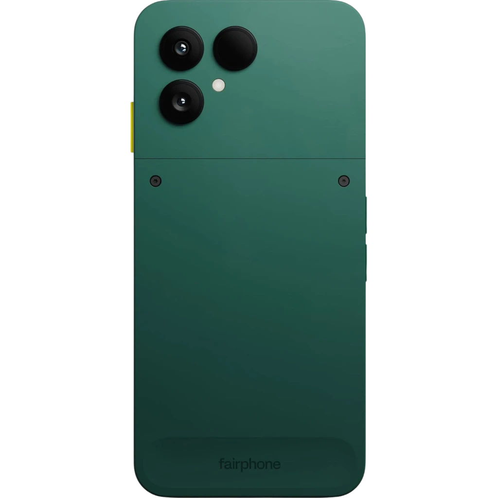 Fairphone 6 5G 256 Go Vert 8 Go 120 Hz avec dos vert mat, double module photo large, bouton latéral jaune, écran bord à bord perforé affichant 20:33 - Ítem6
