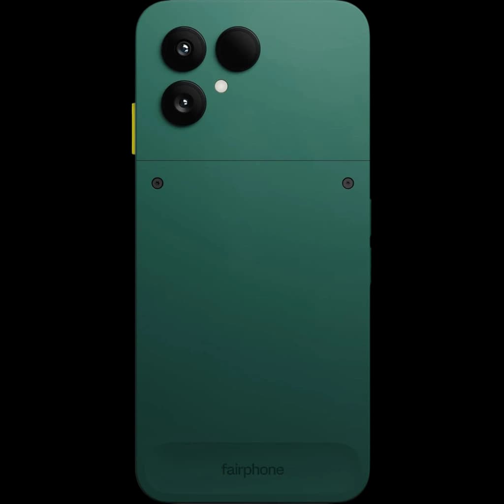 Fairphone 6 5G verde con trasera modular, dos cámaras grandes y una menor, módulo superior atornillado, botón lateral amarillo, acabado mate elegante