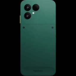 Fairphone 6 5G verde con trasera modular, dos cámaras grandes y una menor, módulo superior atornillado, botón lateral amarillo, acabado mate elegante