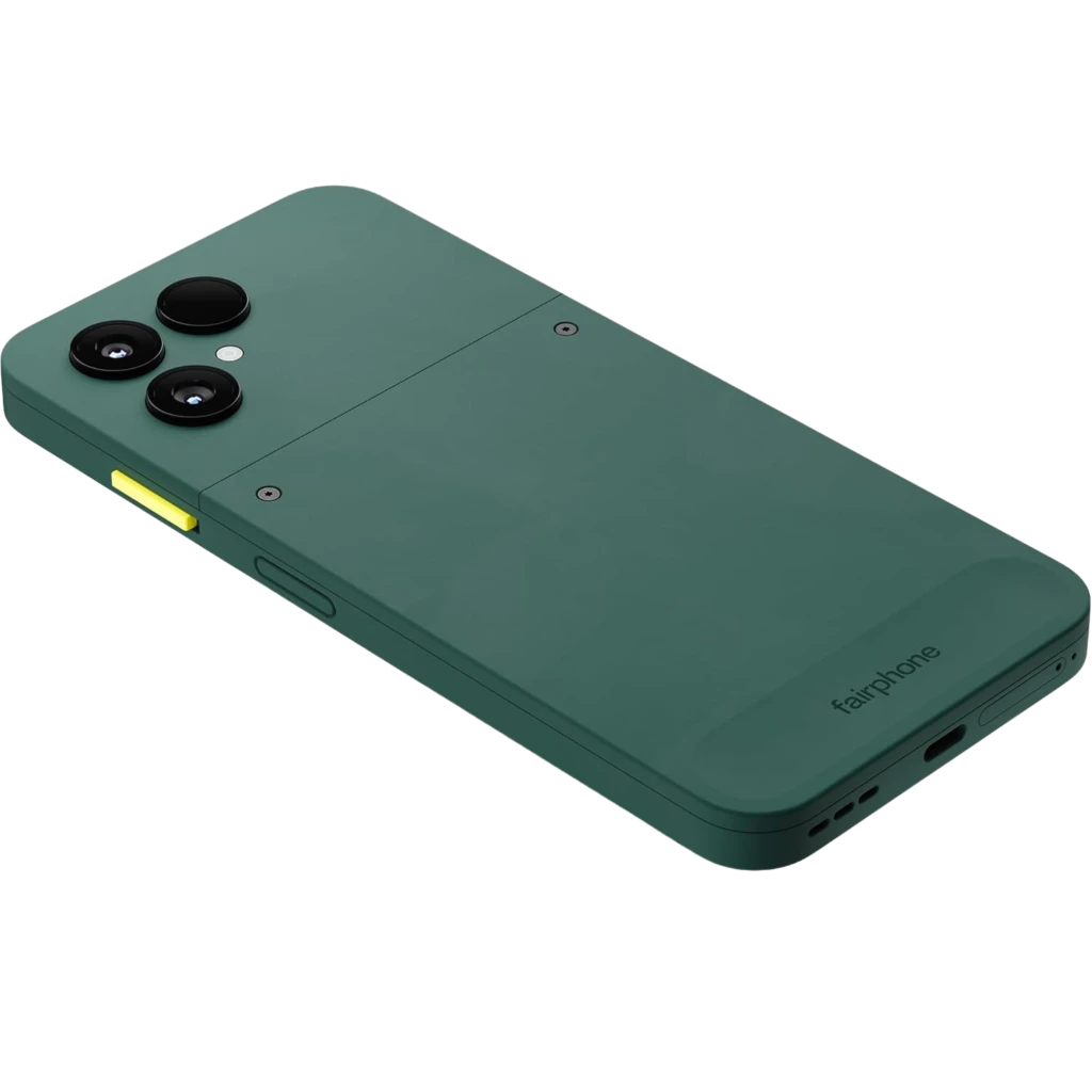 Fairphone 6 5G 256 Go Vert 8 Go 120 Hz avec dos vert mat, double module photo large, bouton latéral jaune, écran bord à bord perforé affichant 20:33 - Ítem7