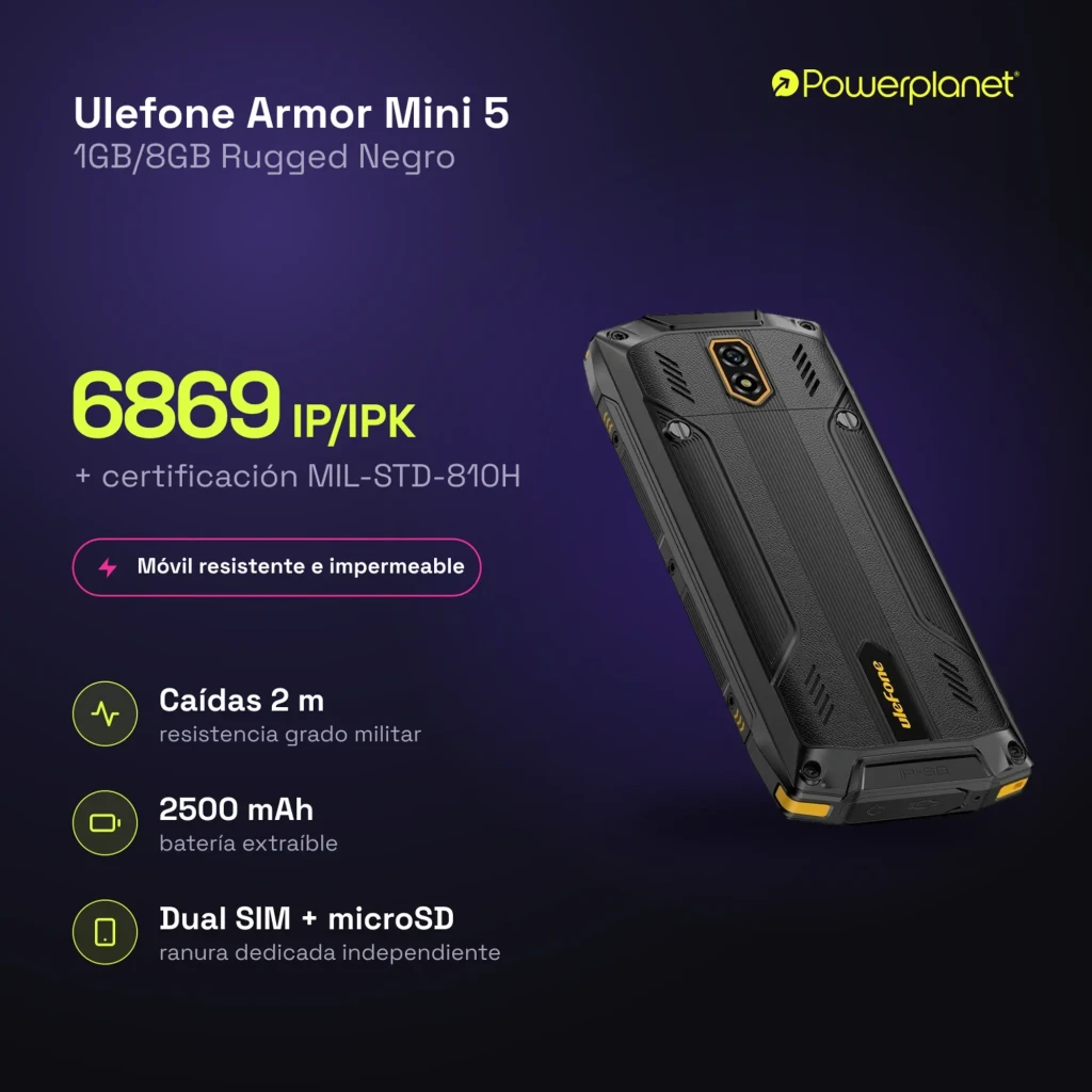 Ulefone Armor Mini 5 8GB Negro IP68 2500mAh 1GB, móvil resistente con carcasa robusta negro y amarillo, teclado físico, pantalla compacta y cámara trasera - Ítem5