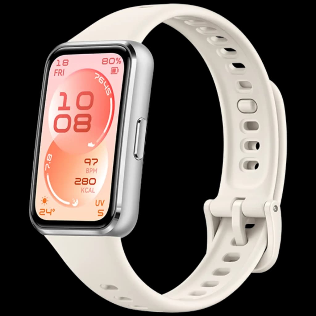 Bracelet connecté blanc avec écran AMOLED 1,62 pouce, boîtier argenté, boucle réglable, affichage activité, fréquence cardiaque et UV, étanche 5 ATM