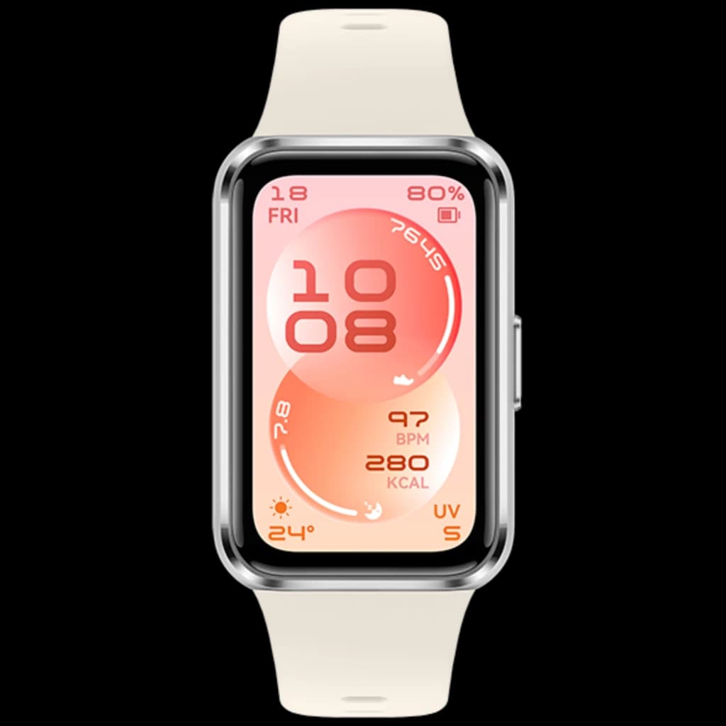 Bracelet connecté blanc au cadran rectangulaire AMOLED 1,62 pouces, bords argentés, affichage couleur avec suivi BPM, calories, pas, UV et météo