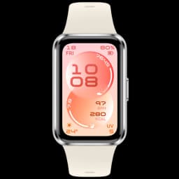 Bracelet connecté blanc au cadran rectangulaire AMOLED 1,62 pouces, bords argentés, affichage couleur avec suivi BPM, calories, pas, UV et météo