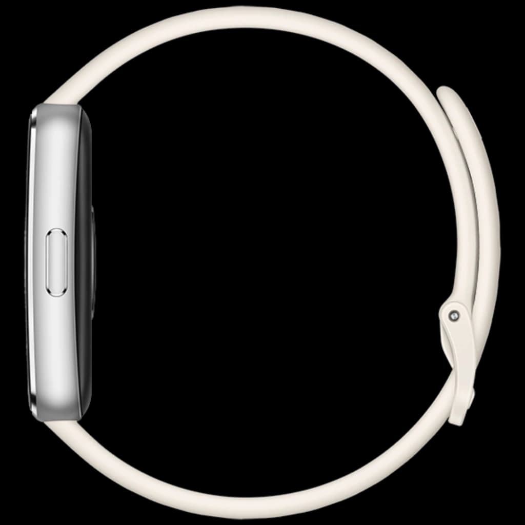 Huawei Band 11 bracelet blanc avec boîtier argenté, écran AMOLED 1,62 pouce, bouton latéral unique, profil fin et courroie ajustable 5 ATM, autonomie 14
