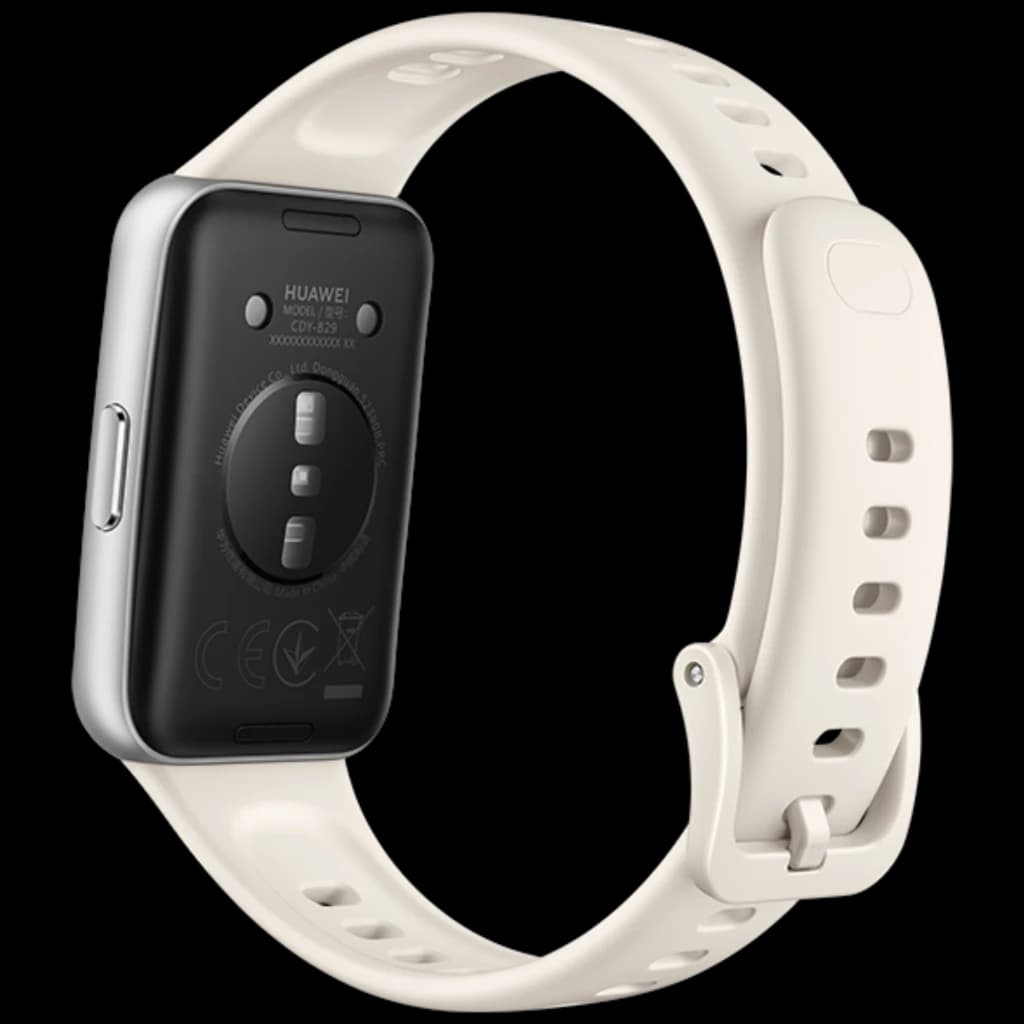 Huawei Band 11 blanc avec boîtier noir, capteurs dorsaux visibles, bracelet silicone perforé, boucle à ardillon, bordures arrondies, bouton latéral unique