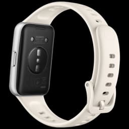 Huawei Band 11 blanc avec boîtier noir, capteurs dorsaux visibles, bracelet silicone perforé, boucle à ardillon, bordures arrondies, bouton latéral unique
