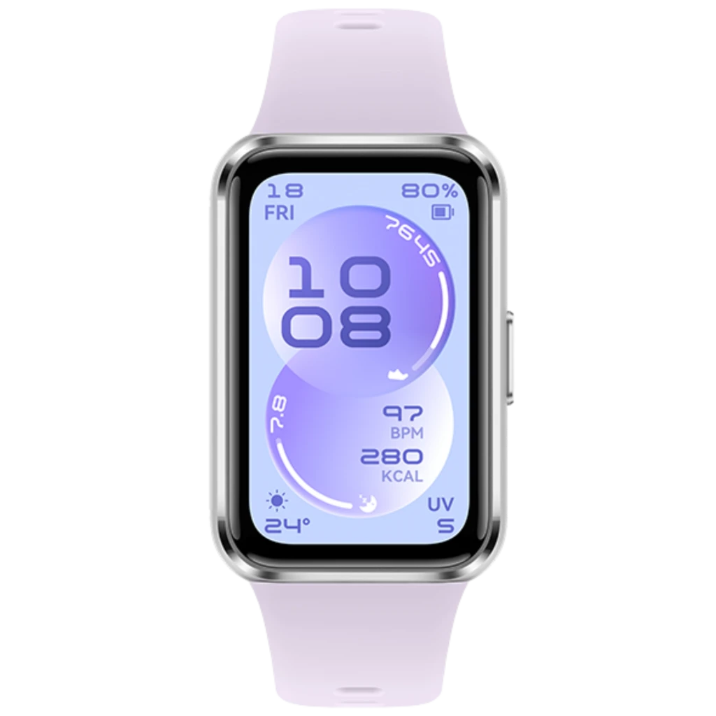 Huawei Band 11 violeta con pantalla AMOLED 1,62 pulgadas, borde metálico plateado, correa de silicona ajustable, diseño rectangular y botón lateral - Ítem3