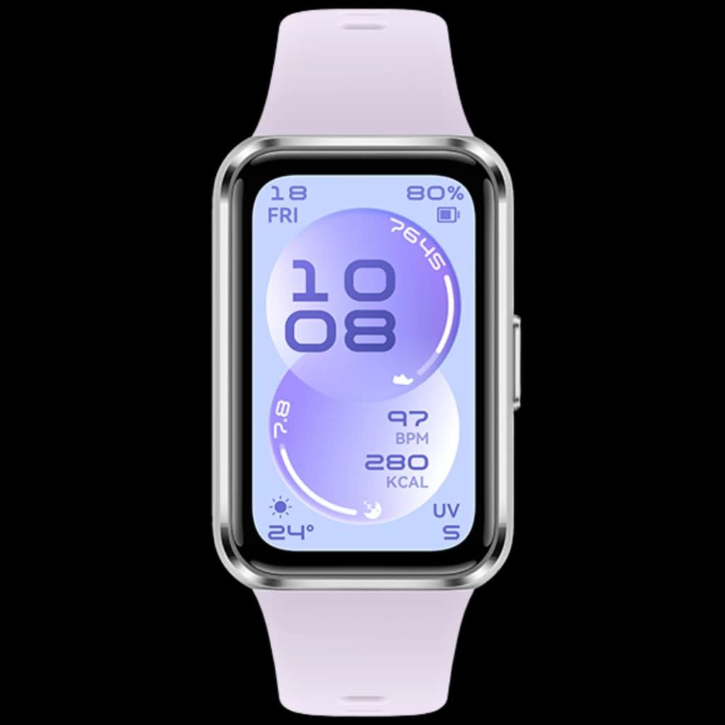 Huawei Band 11 violeta con pantalla AMOLED 1,62, bordes plateados, esfera digital con ritmo cardíaco, calorías y clima; correa de silicona lavanda