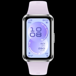 Bracelet connecté violet avec écran AMOLED 1,62 po bord à bord, boîtier argenté arrondi, interface fitness violet pastel affichant heure, BPM, kcal et