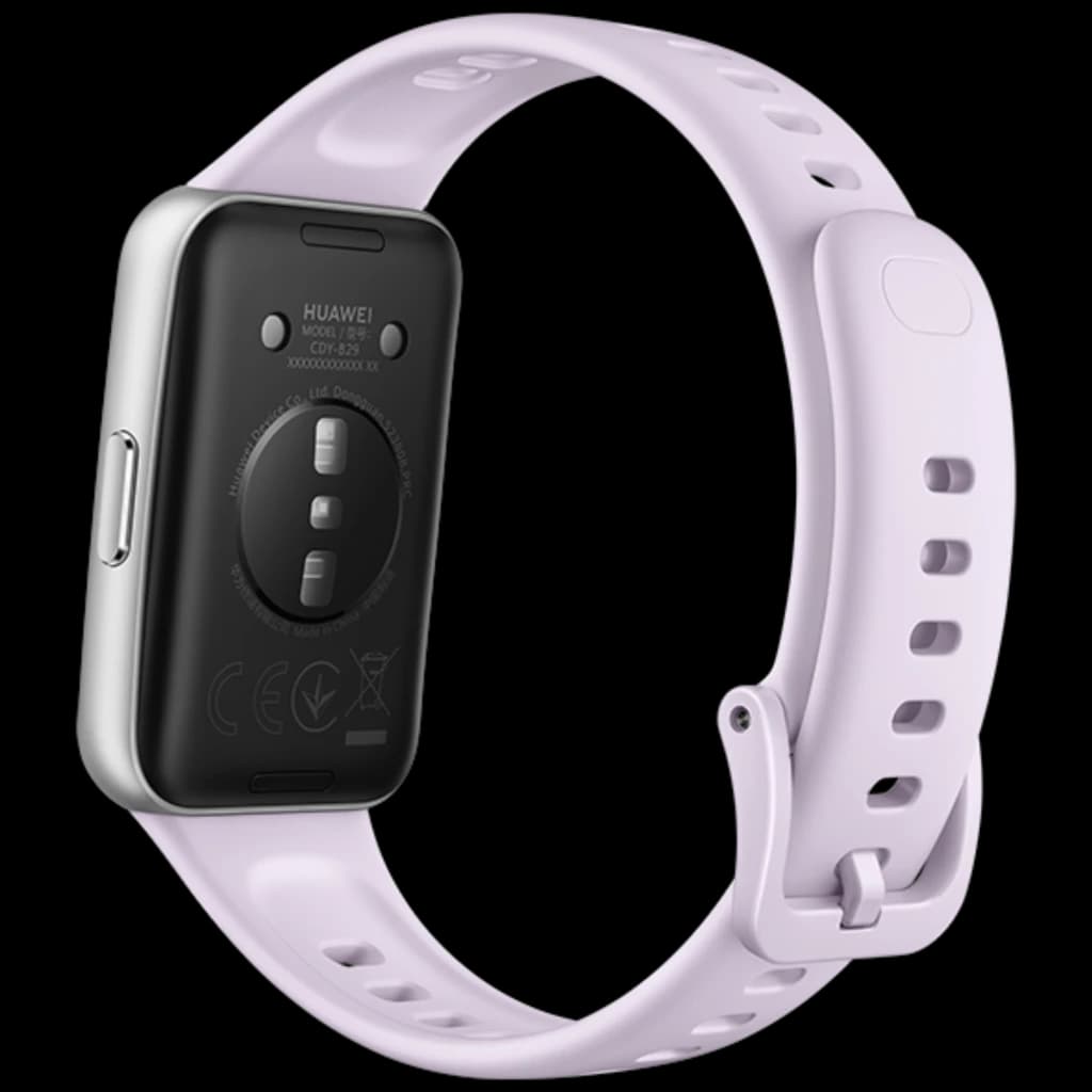 Huawei Band 11 violeta con correa de silicona ajustable, hebilla clásica y sensor posterior centrado; carcasa negra y botón lateral metálico