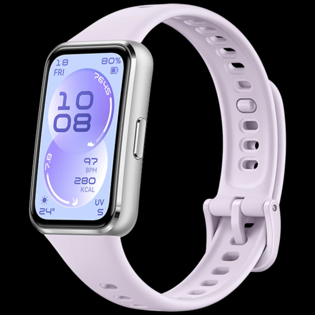 Huawei Band 11 violeta con pantalla AMOLED 1,62 pulgadas, borde metálico plateado, correa de silicona ajustable, diseño rectangular y botón lateral