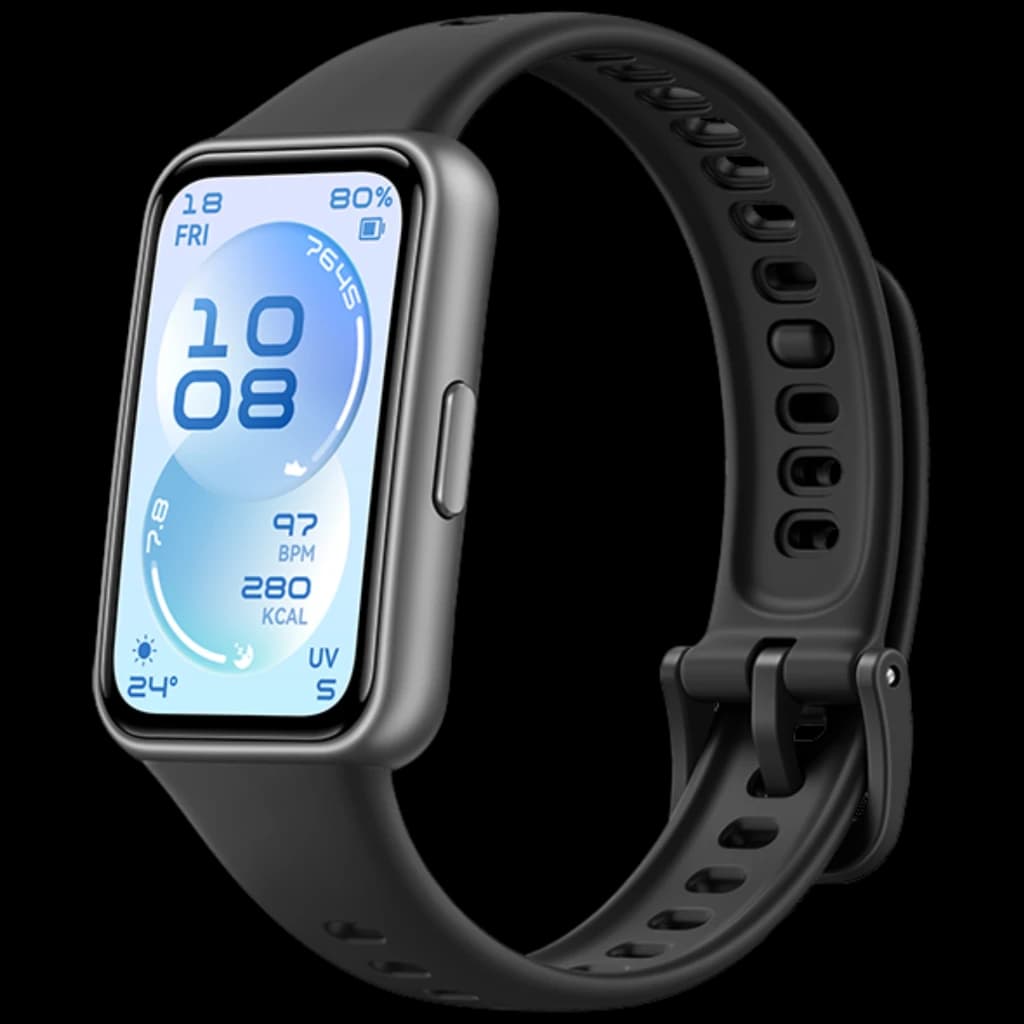 Bracelet connecté noir avec écran AMOLED 1,62 pouces bord à bord, boîtier gris, bouton latéral, bracelet perforé ajustable, affichage métriques santé