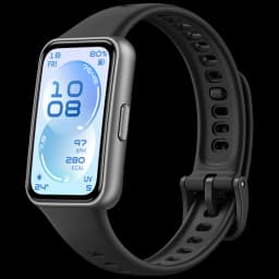 Bracelet connecté noir avec écran AMOLED 1,62 pouces bord à bord, boîtier gris, bouton latéral, bracelet perforé ajustable, affichage métriques santé