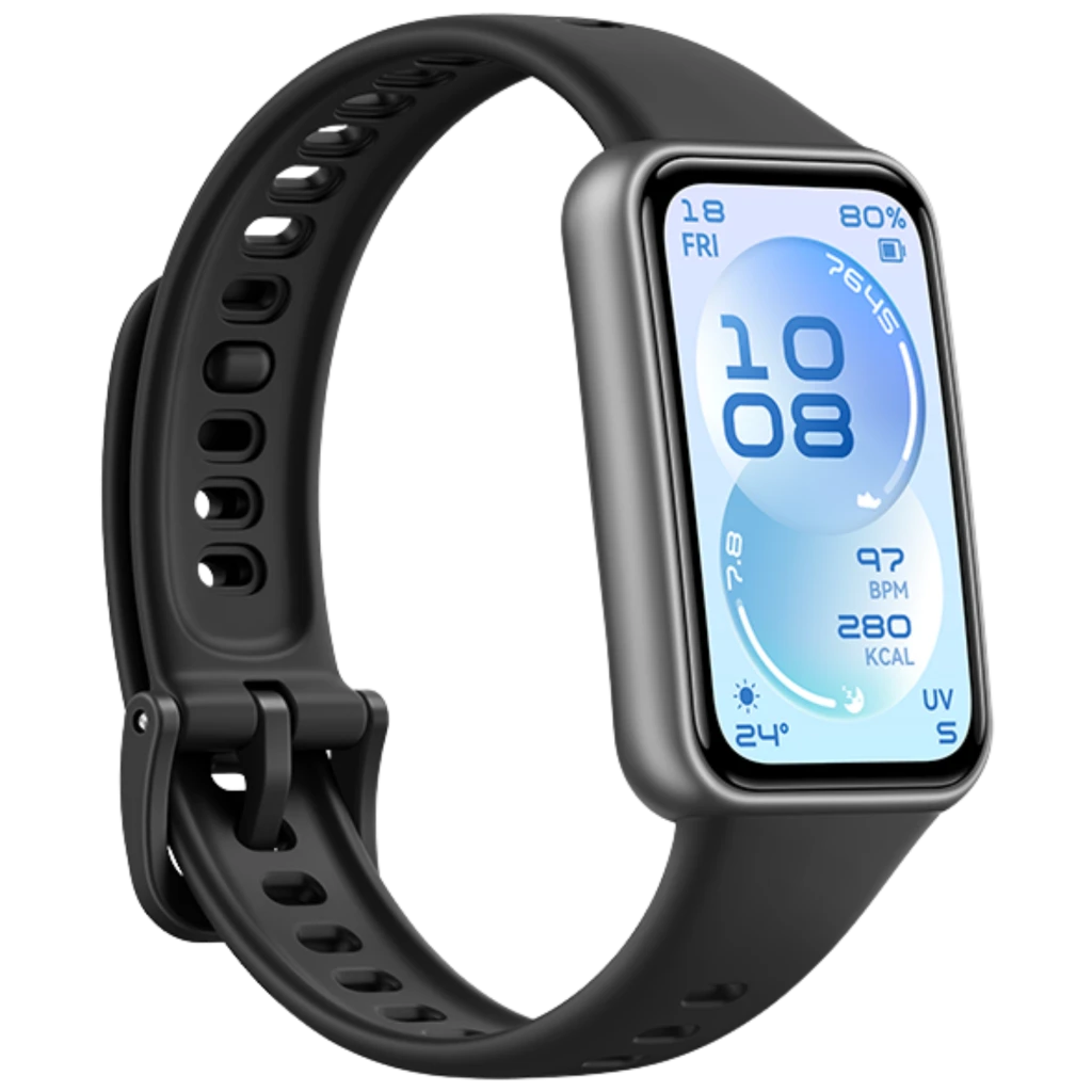 Huawei Band 11 negra con pantalla AMOLED 1,62 pulgadas, cuerpo curvo plateado, correa perforada ajustable y botón lateral; esfera clara con iconos de salud - Ítem1