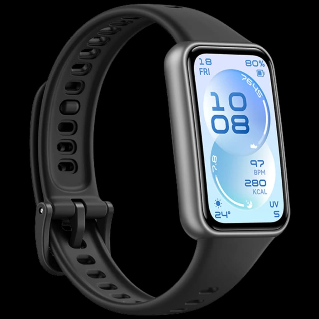 Bracelet connecté noir avec écran AMOLED 1,62 pouce bord à bord, cadran bleu, boîtier arrondi, sangle perforée réglable, affichage activité et batterie