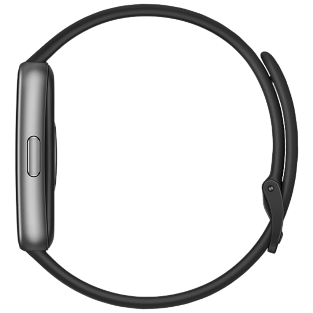 Huawei Band 11 negra con pantalla AMOLED 1,62 pulgadas, cuerpo curvo plateado, correa perforada ajustable y botón lateral; esfera clara con iconos de salud - Ítem3