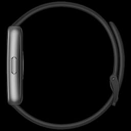 Huawei Band 11 noir vue de profil, boîtier fin gris, bouton latéral unique, écran 1,62 pouces AMOLED, bracelet silicone avec boucle, design minimal et léger