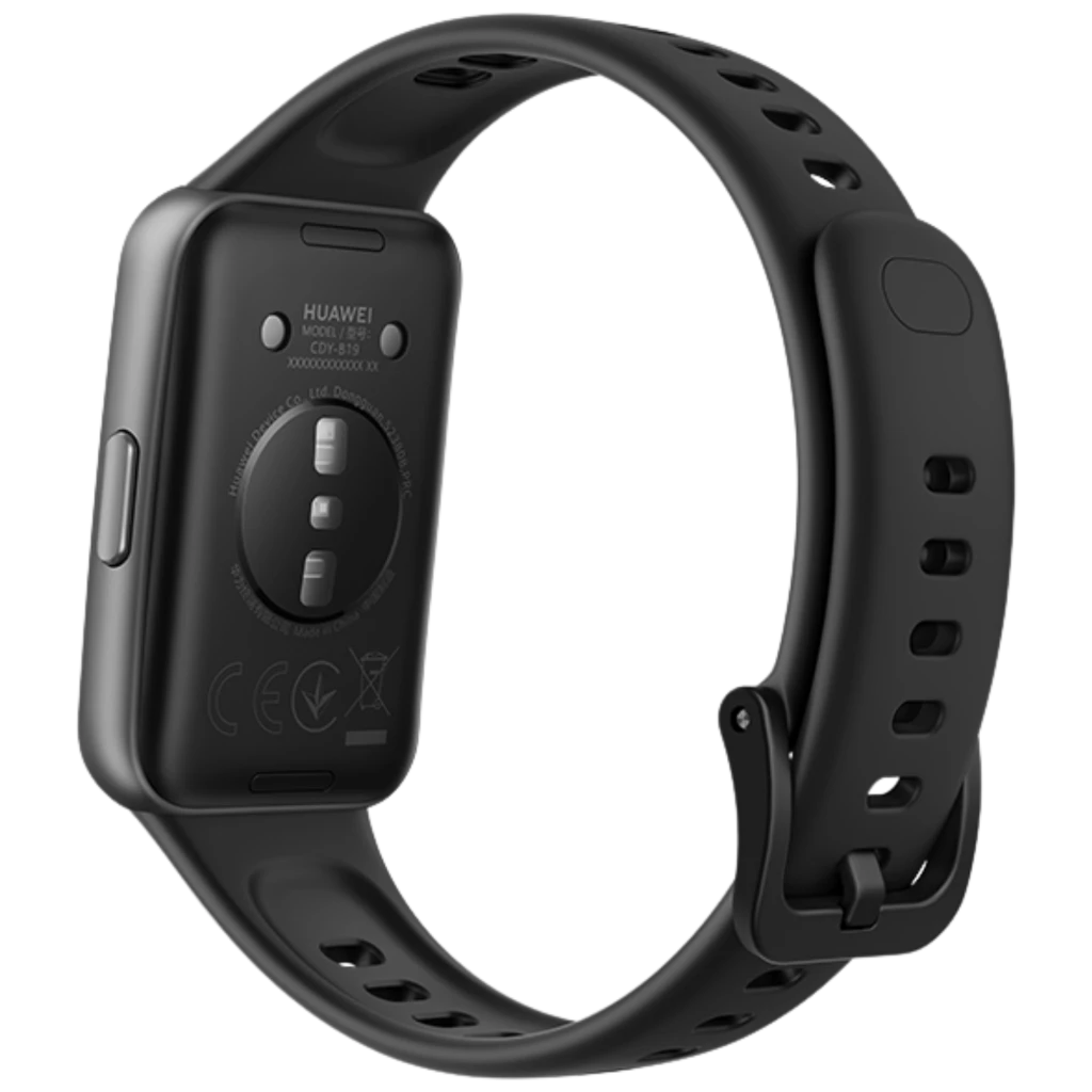 Huawei Band 11 negra con pantalla AMOLED 1,62 pulgadas, cuerpo curvo plateado, correa perforada ajustable y botón lateral; esfera clara con iconos de salud - Ítem4