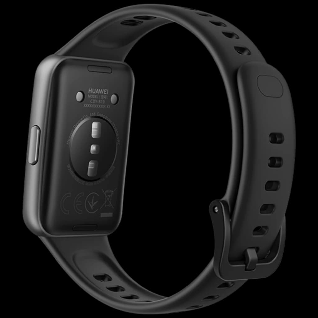 Bracelet connecté noir avec boîtier rectangulaire, capteurs dorsaux alignés, boucle à ardillon et lanière perforée ajustable, finition mate élégante