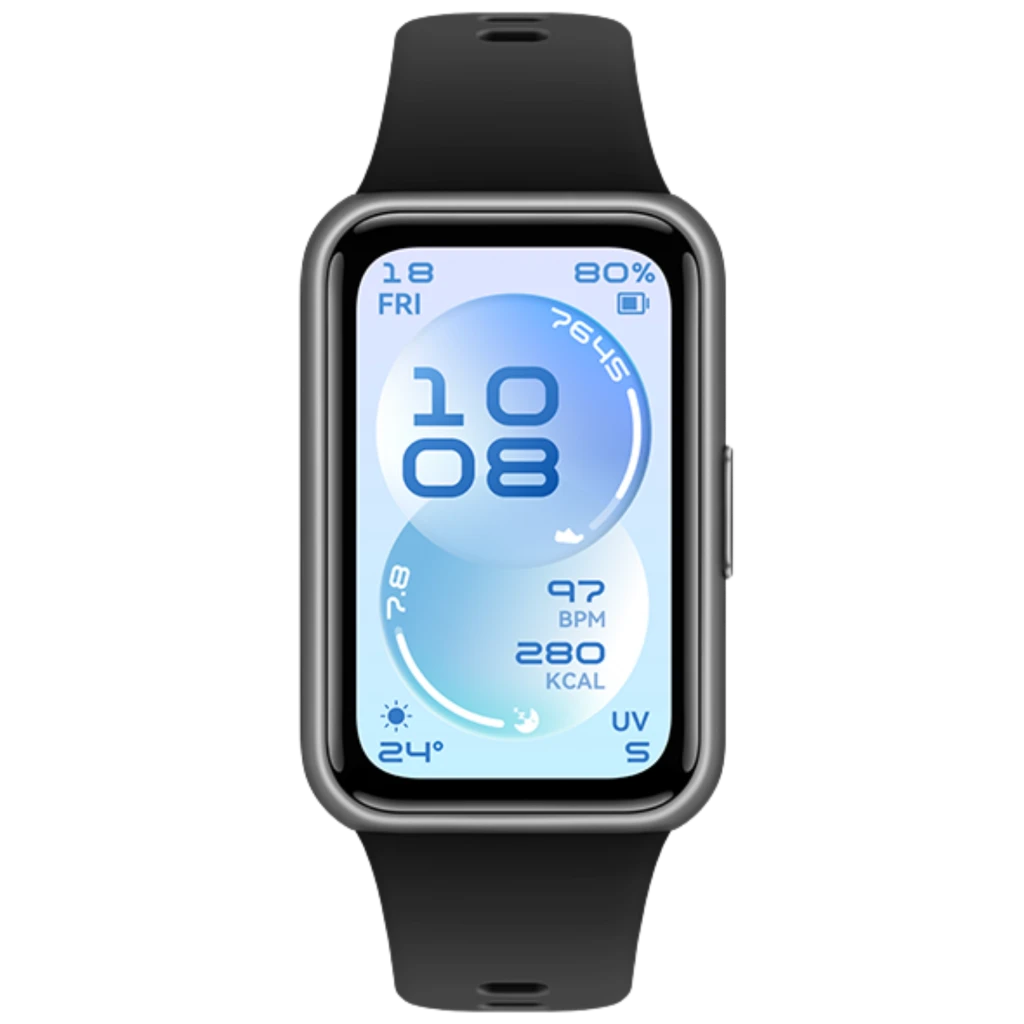 Huawei Band 11 negra con pantalla AMOLED 1,62 pulgadas, cuerpo curvo plateado, correa perforada ajustable y botón lateral; esfera clara con iconos de salud - Ítem2