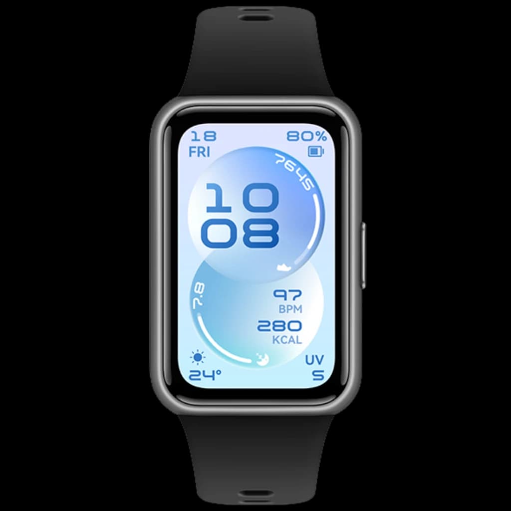 Huawei Band 11 noir avec écran AMOLED 1,62 po bord à bord, boîtier argenté arrondi, bracelet silicone noir, cadran bleu affichant heure, BPM, kcal et UV