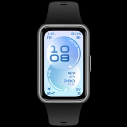 Huawei Band 11 noir avec écran AMOLED 1,62 po bord à bord, boîtier argenté arrondi, bracelet silicone noir, cadran bleu affichant heure, BPM, kcal et UV