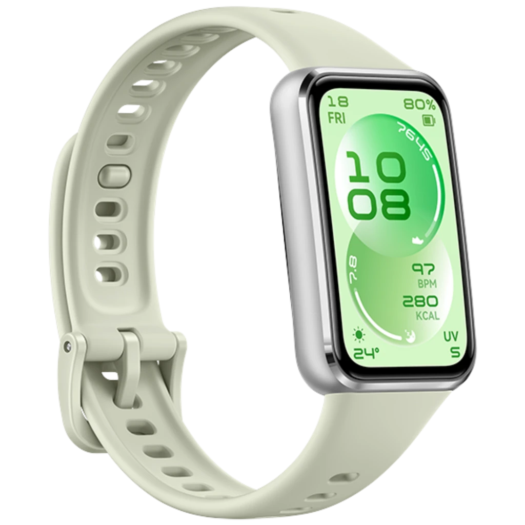 Huawei Band 11 verde con pantalla AMOLED 1,62, caja plateada y correa perforada ajustable; botón lateral, esfera digital con datos de salud y clima - Ítem3