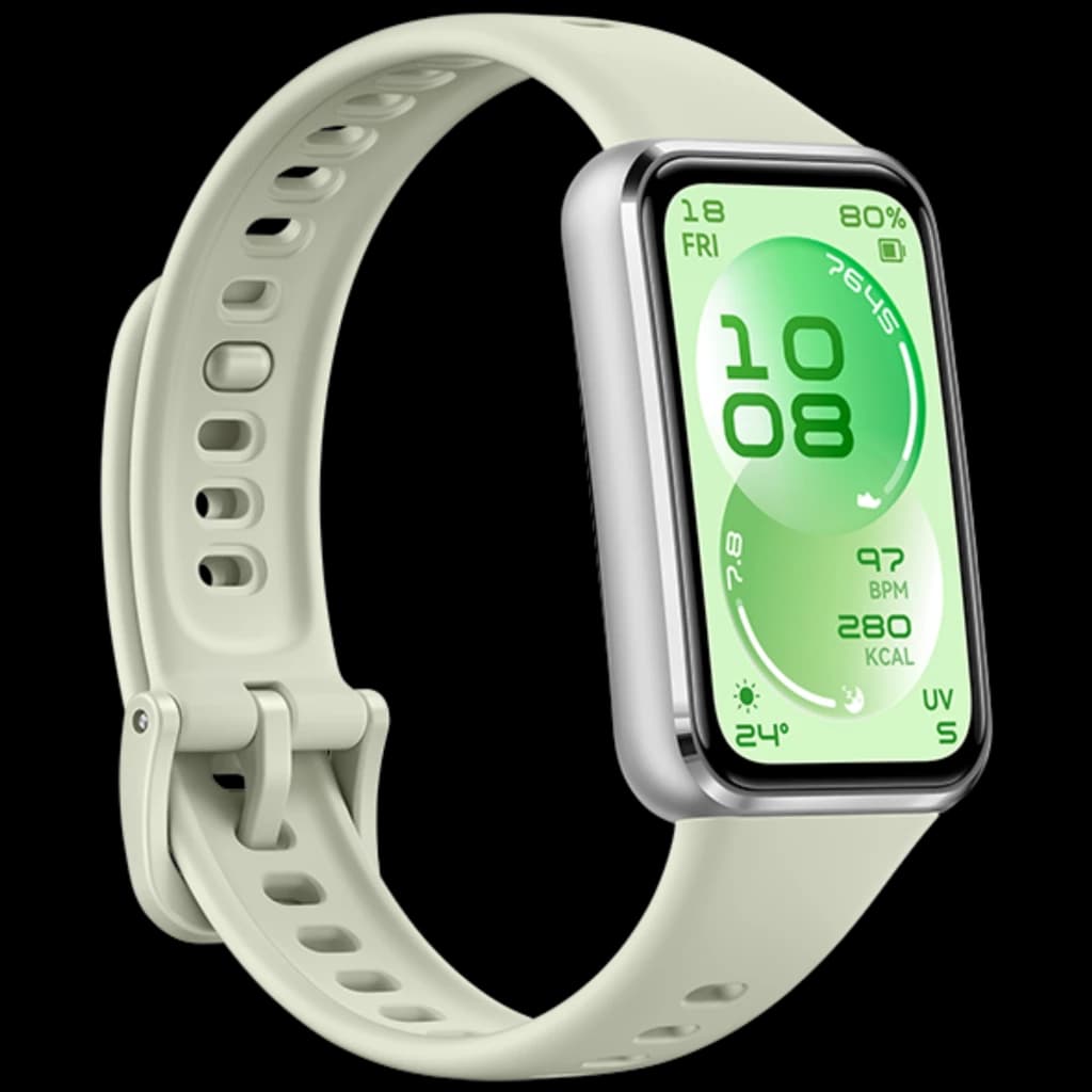 Huawei Band 11 verde con pantalla AMOLED 1,62 pulgada rectangular, bisel plateado y correa perforada ajustable; interfaz fitness con métricas en verde