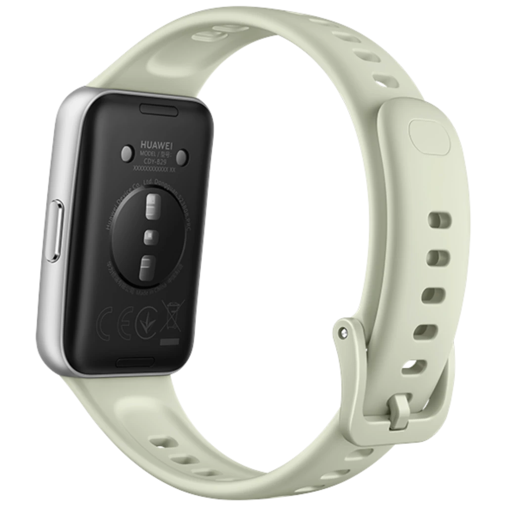 Huawei Band 11 verde con pantalla AMOLED 1,62, caja plateada y correa perforada ajustable; botón lateral, esfera digital con datos de salud y clima - Ítem6