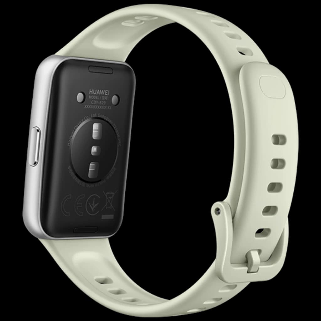 Correa verde ajustable con hebilla y cierre seguro para Huawei Band 11; cuerpo negro con sensores traseros y botón lateral, diseño ligero y resistente 5ATM