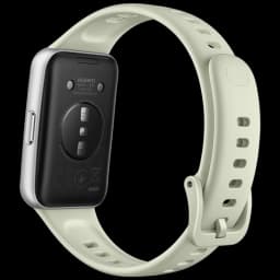 Correa verde ajustable con hebilla y cierre seguro para Huawei Band 11; cuerpo negro con sensores traseros y botón lateral, diseño ligero y resistente 5ATM