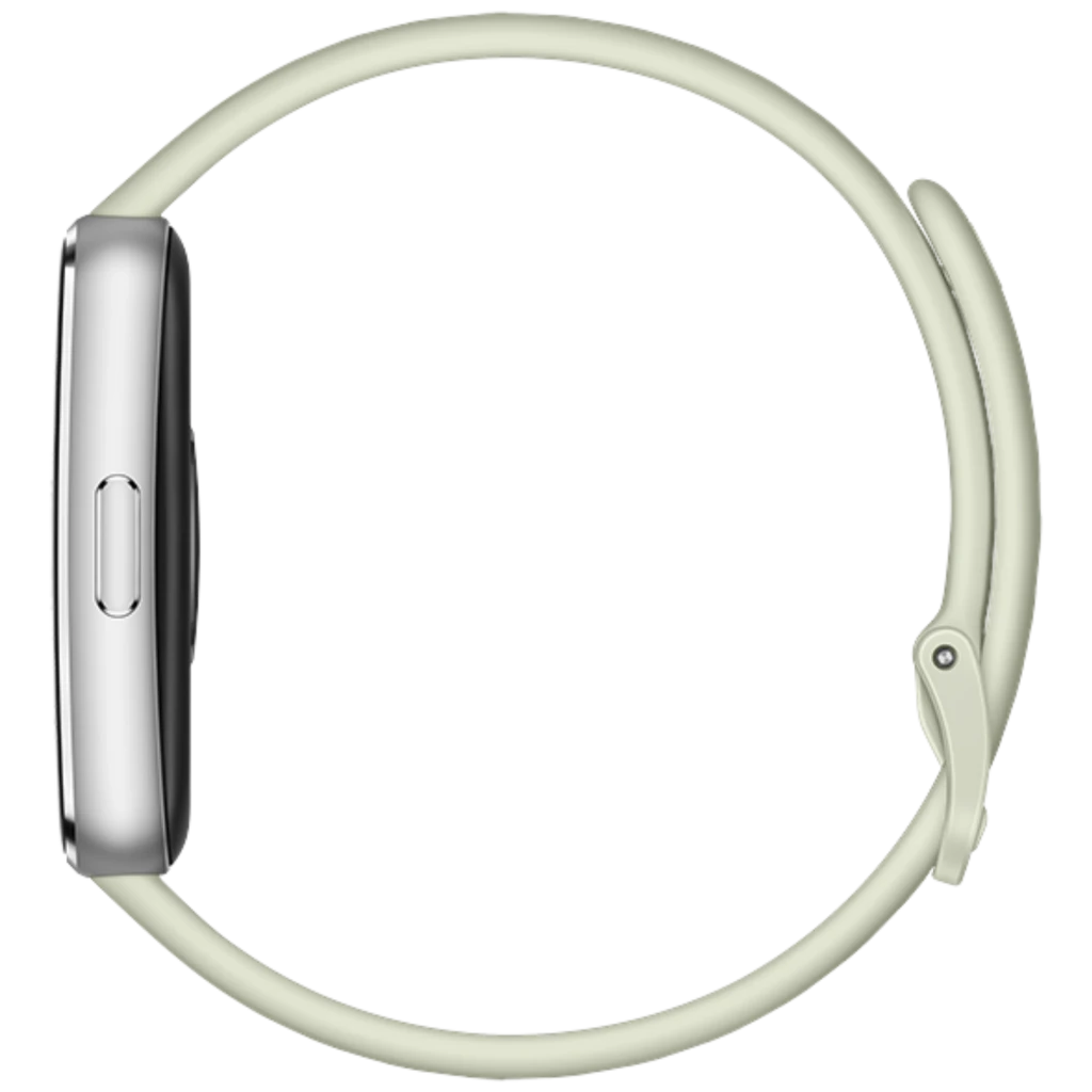 Huawei Band 11 verde con pantalla AMOLED 1,62, caja plateada y correa perforada ajustable; botón lateral, esfera digital con datos de salud y clima - Ítem5