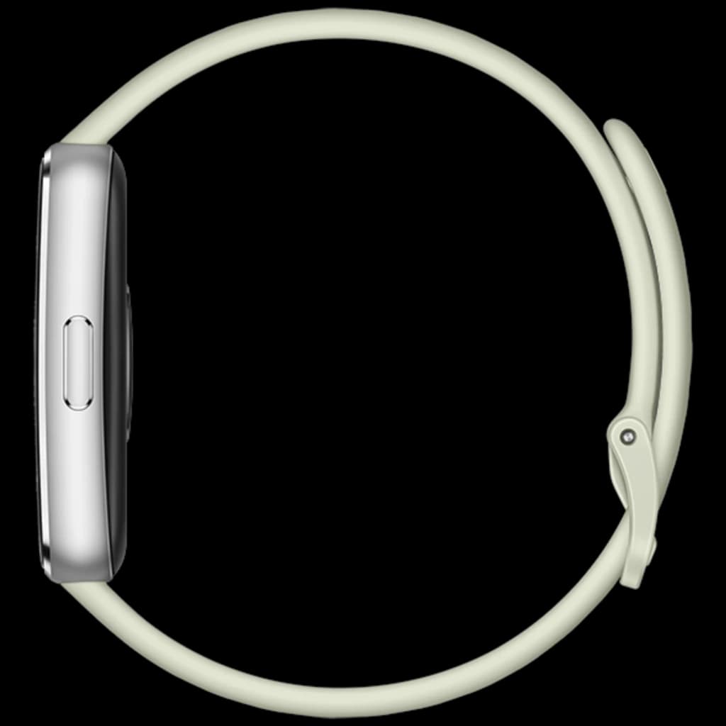 Huawei Band 11 verde vista lateral: caja plateada delgada con botón, pantalla 1,62 pulgadas AMOLED, correa flexible con hebilla; diseño 5ATM y autonomía 14