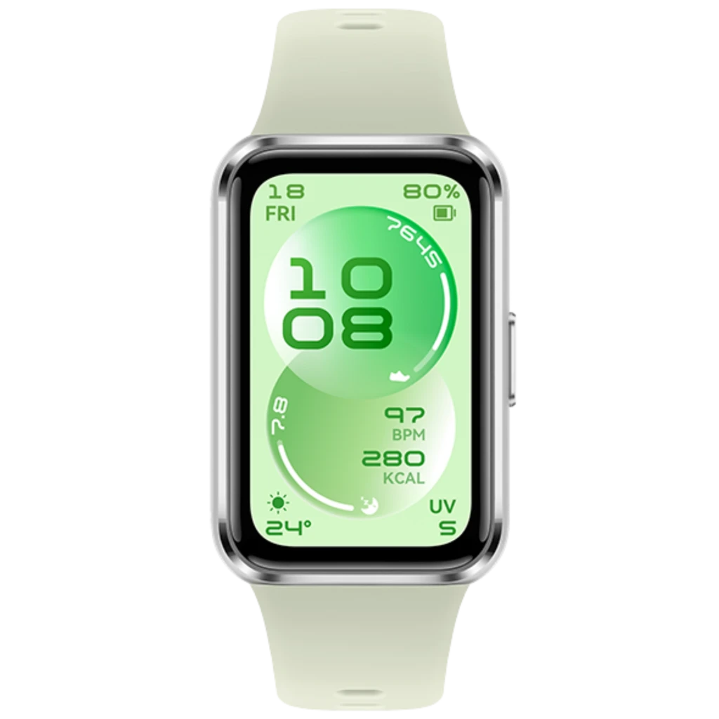 Huawei Band 11 verde con pantalla AMOLED 1,62, caja plateada y correa perforada ajustable; botón lateral, esfera digital con datos de salud y clima - Ítem4