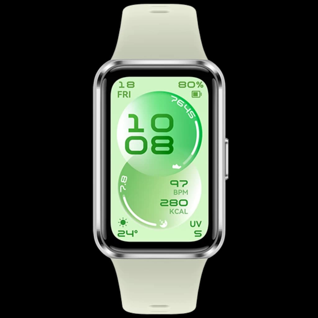 Huawei Band 11 verde con pantalla AMOLED 1,62 pulgada, marco plateado y correa de silicona; muestra hora, pasos, ritmo cardíaco, calorías y clima