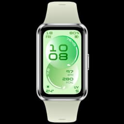 Huawei Band 11 verde con pantalla AMOLED 1,62 pulgada, marco plateado y correa de silicona; muestra hora, pasos, ritmo cardíaco, calorías y clima