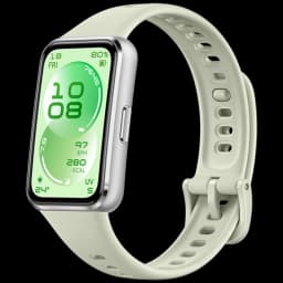 Huawei Band 11 verde con pantalla AMOLED 1,62, caja plateada y correa perforada ajustable; botón lateral, esfera digital con datos de salud y clima